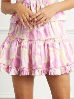 Hill House The Paz 100% Linen Pink Candy Kaleidoscope Ruffle Mini Skirt Size L